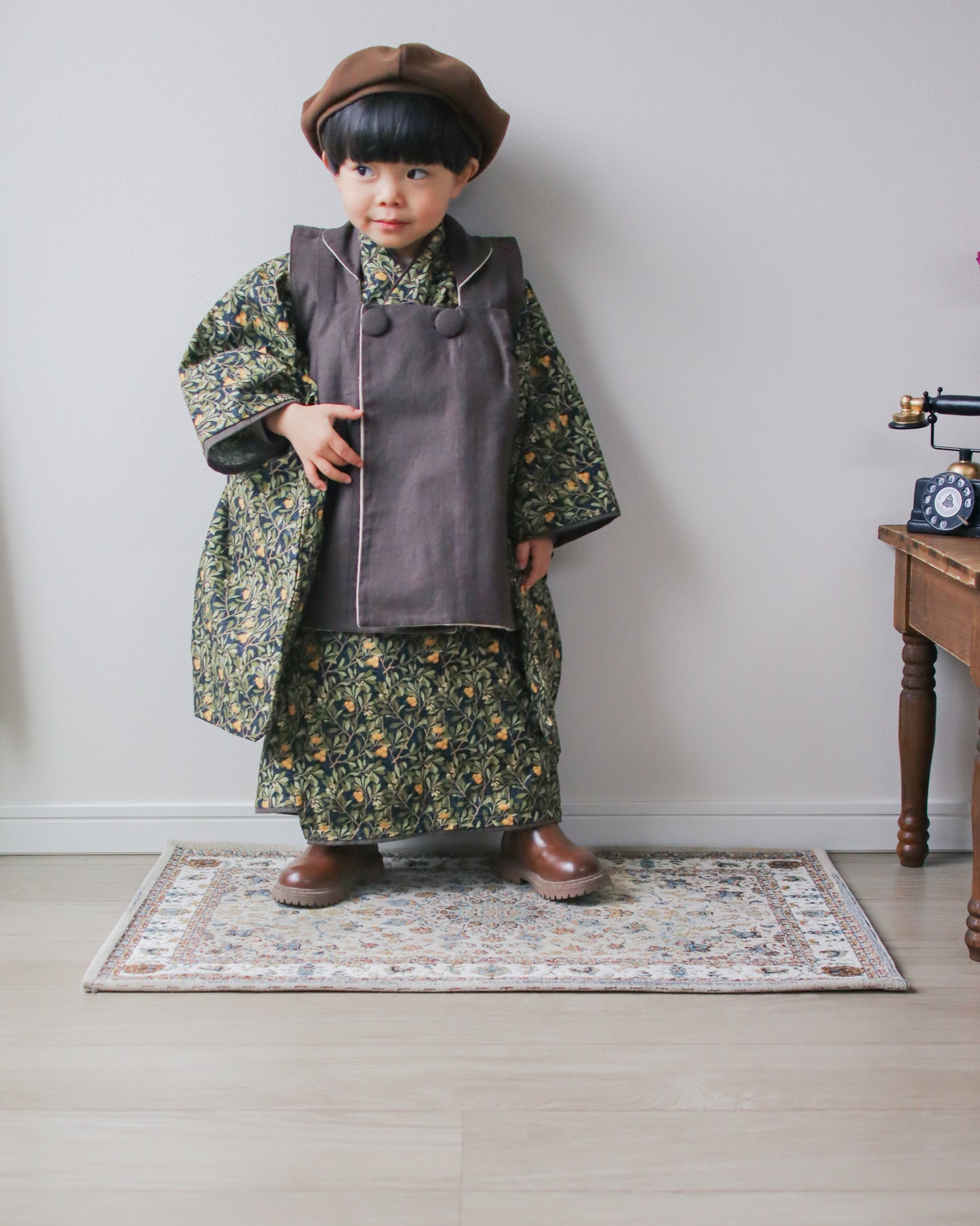 3歳 男の子 レンタル着物「10泊11日」753 リバーシブル被布(Blackモリス)