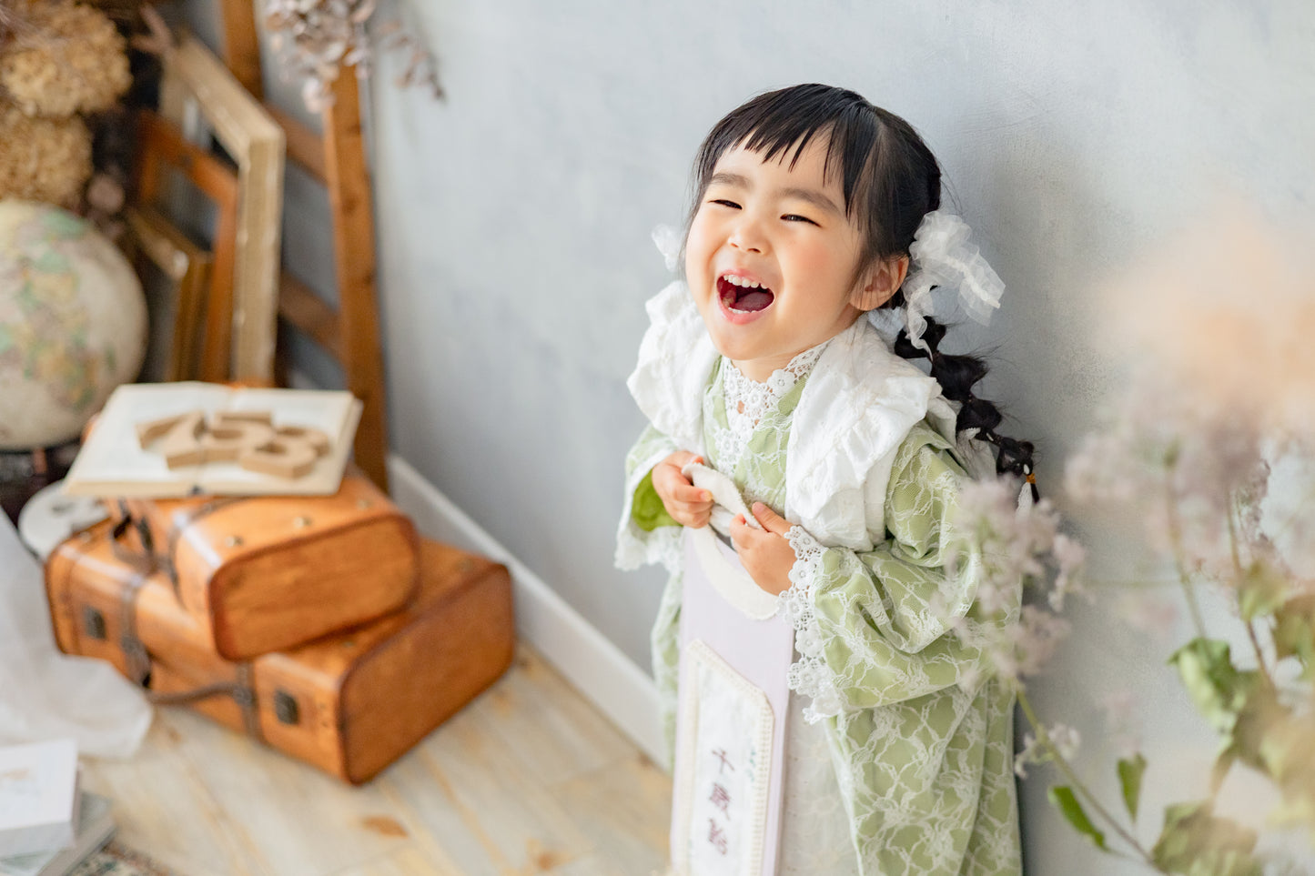 3歳 女の子 レンタル着物「10泊11日」753 リバーシブル被布(レースピスタチオ)