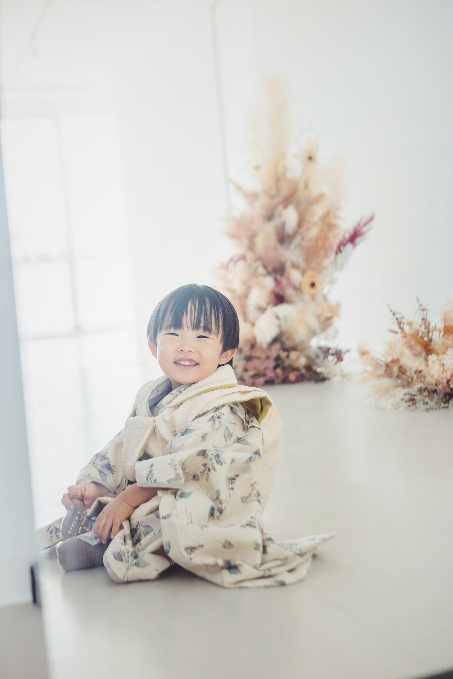 北欧ボタニカル柄 子供着物＆リバーシブル被布 七五三 3歳 男の子 女の子 753 キッズ 浴衣