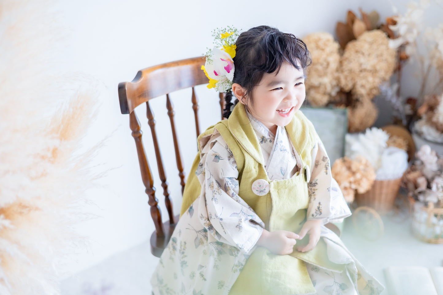 北欧ボタニカル柄 子供着物＆リバーシブル被布 七五三 3歳 男の子 女の子 753 キッズ 浴衣