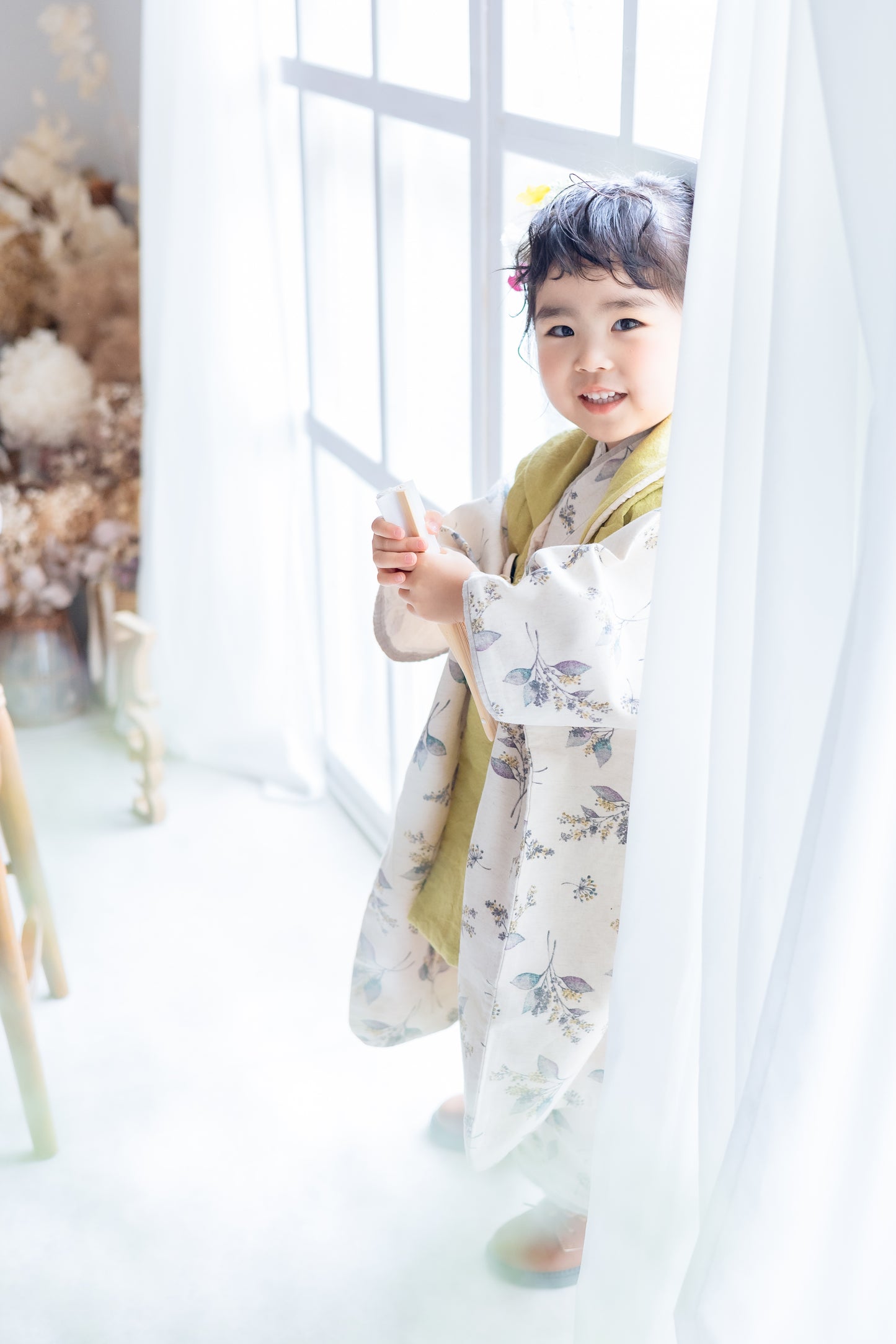 北欧ボタニカル柄 子供着物＆リバーシブル被布 七五三 3歳 男の子 女の子 753 キッズ 浴衣