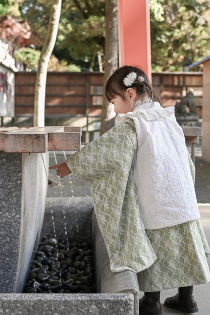 3歳 女の子 レンタル着物「10泊11日」753 リバーシブル被布（レースピスタチオ）