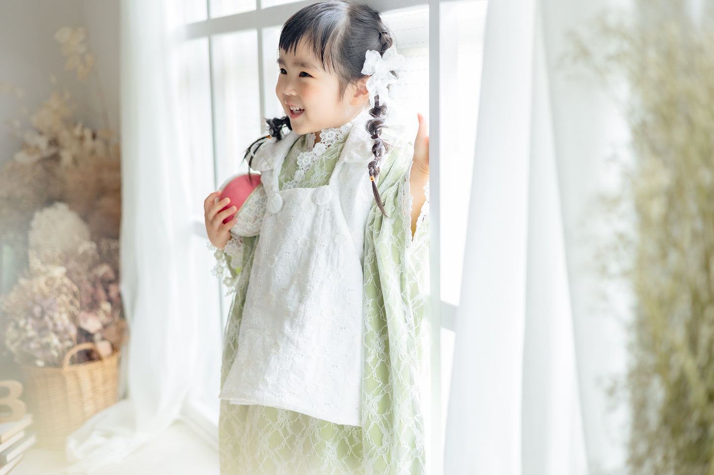 3歳 女の子 レンタル着物「10泊11日」753 リバーシブル被布（レースピスタチオ）
